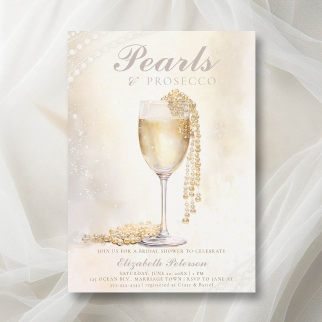 Convite Dream Pearls Prosecco Elegante Chá de panela Brunc (pearls and prosecco bridal shower invitation brunch lunch elegant modern romantic watercolor)
