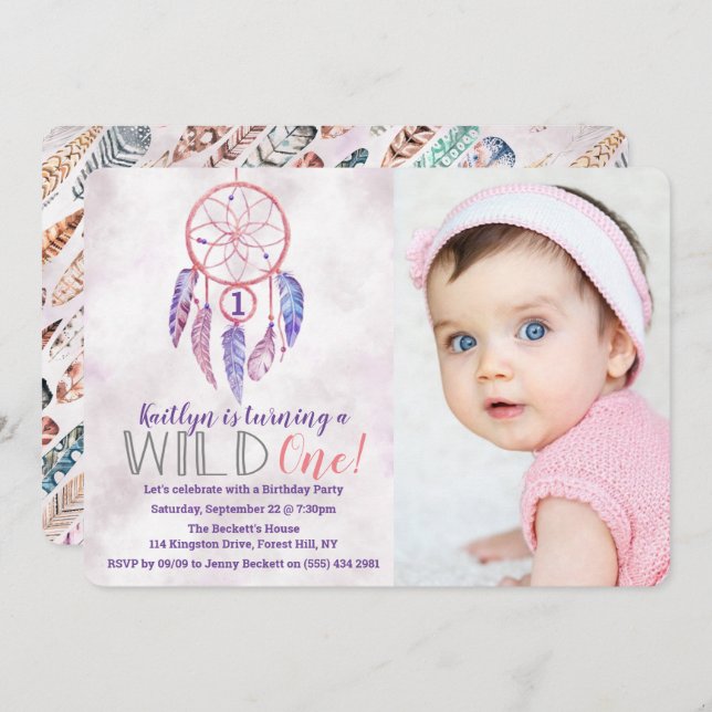 Convite Dreamcatcher Wild One Photo Birthday Invtions (Frente/Verso)