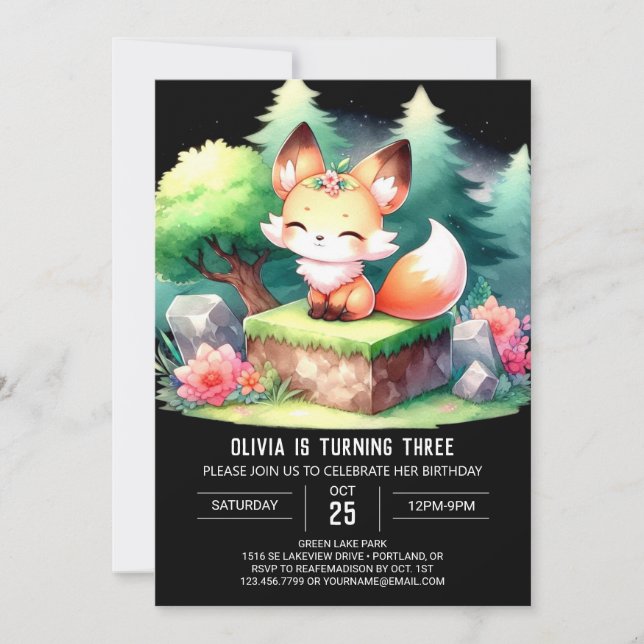 Convite Dreamcolor Watercolor Fox Birthday digital (Frente)