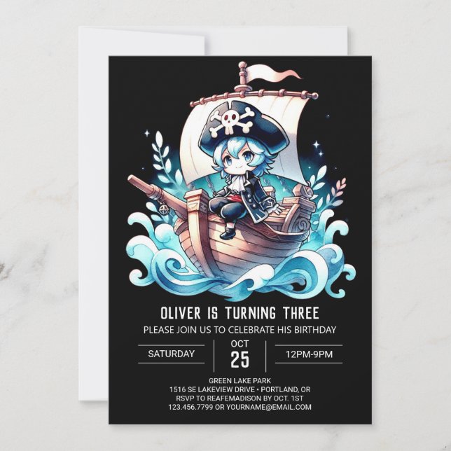 Convite Dreamcolor Watercolor Pirate Birthday (Frente)