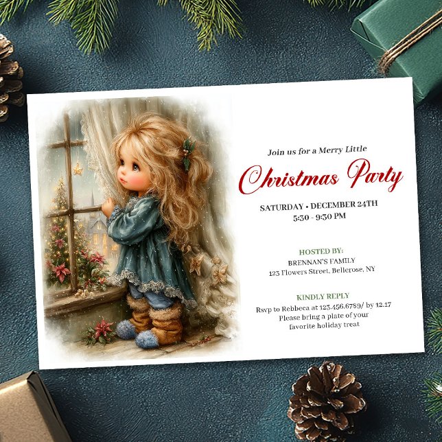Convite Dreamful Little Girl Awaiting Santa Editable  (Dreamful Little Girl Awaiting Santa Editable Invitation)