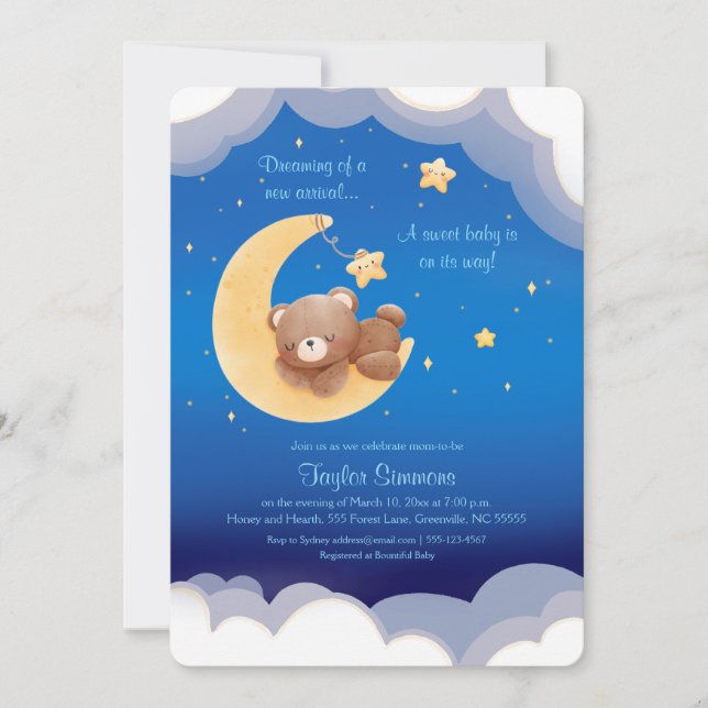 Convite Dreaming New Arrival Bear Night Sky Baby Shower In (Frente)