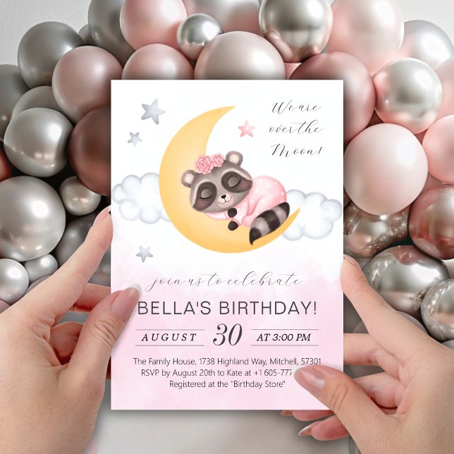 Convite Dreamover Sobre a Moon Raccoon Girl Aniversário (Dreamy Over the Moon Raccoon Girl Birthday Invitation)