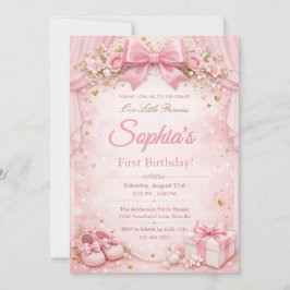 Convite Dreamy and Glitter Floral Pink Bow 1st Birthday