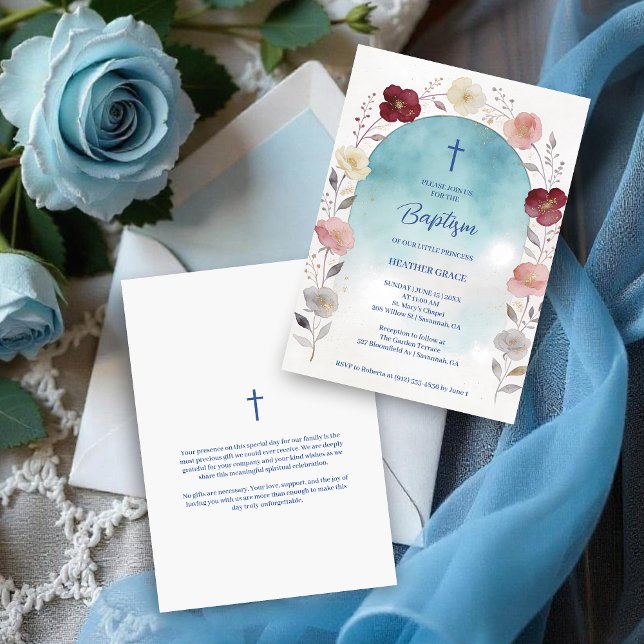 Convite Dreamy Blue Shades Floral Frame Arch Baptisme (Dreamy Digital Watercolor Blue Shades Floral Frame Arch Shape Baptism Invitation Cards. )