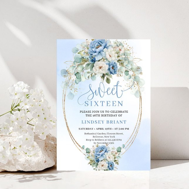 Convite Dreamy Bohemian Dusty Blue Floral Sweet 16 Invite (Dreamy Bohemian Dusty Blue Floral Sweet 16 Invite)