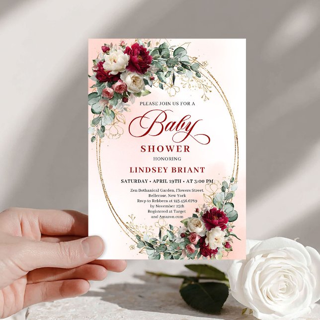 Convite Dreamy Bohemian Maroon Floral Baby Shower (Dreamy Bohemian Maroon Floral Baby Shower)