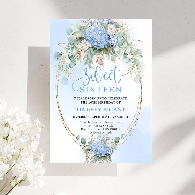 Convite Dreamy Boho Blue Hydrangea Gold Sweet Sixteen (Dreamy Boho Blue Hydrangea Gold Sweet Sixteen)
