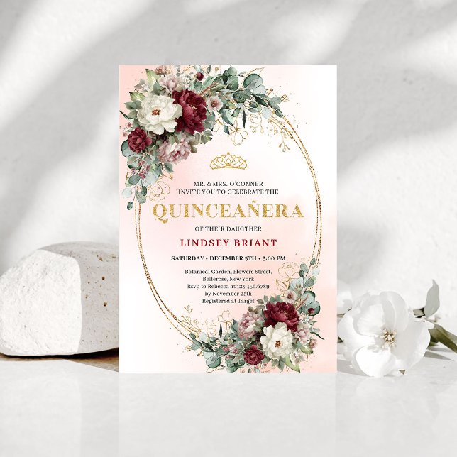 Convite Dreamy Boho Burgundy Floral Eucalyptus Gold Quince (Dreamy Boho Burgundy Floral Eucalyptus Quince Invite)
