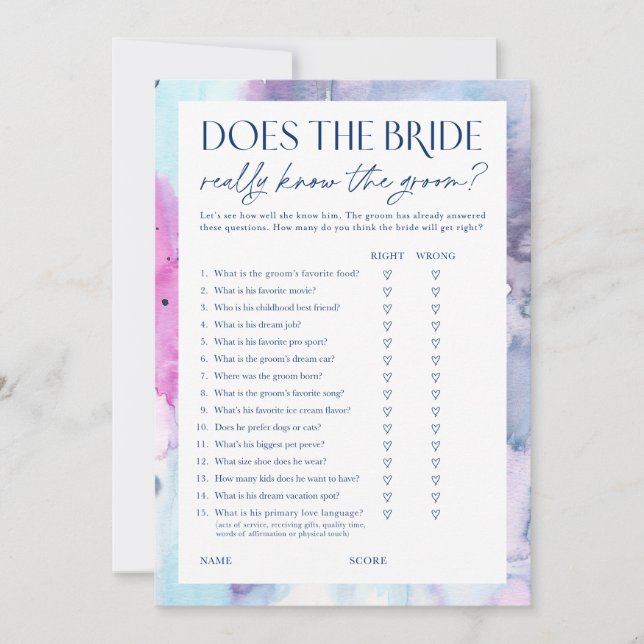 Convite Dreamy Bridal Shower Bride & Groom Game Card (Frente)