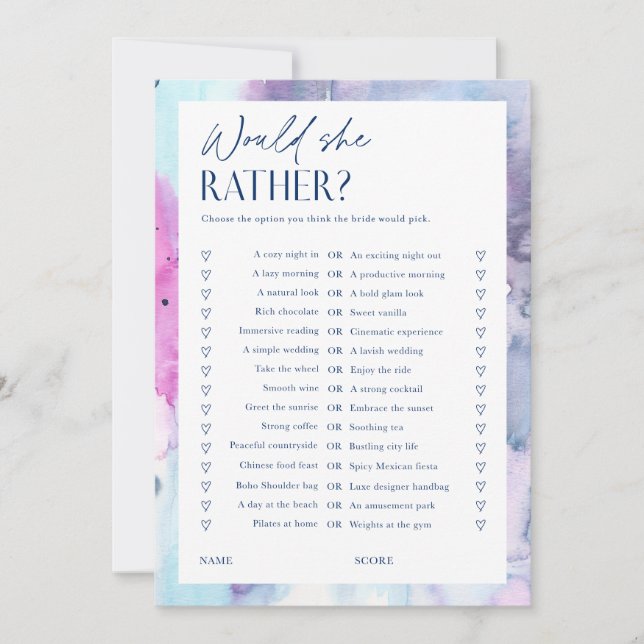 Convite Dreamy Bridal Shower Would She Rather Game Card (Frente)