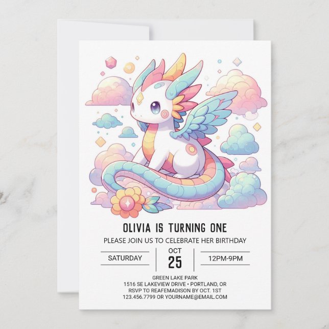 Convite Dreamy Cute Dragon primeiro aniversario (Frente)