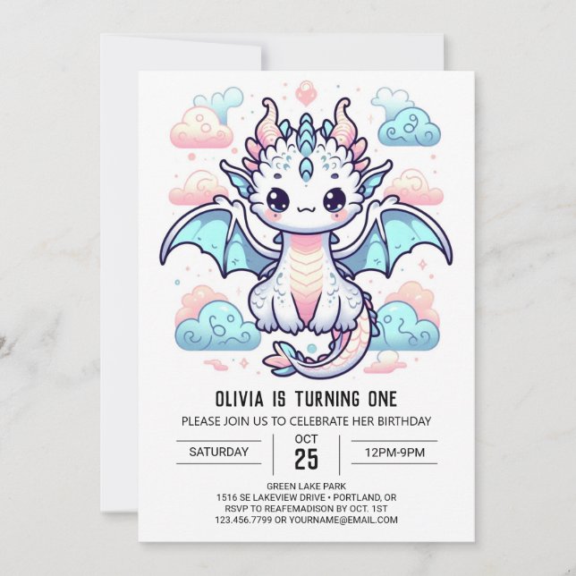 Convite Dreamy Dragon primeiro aniversario (Frente)