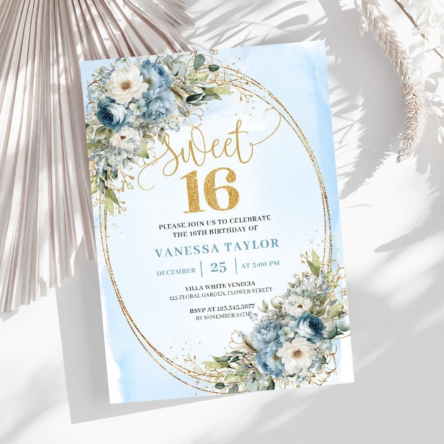 Convite Dreamy Dusty Blue Greenery Sweet 16th Birthday  (Dreamy Dusty Blue Greenery Sweet 16th Birthday Invite)