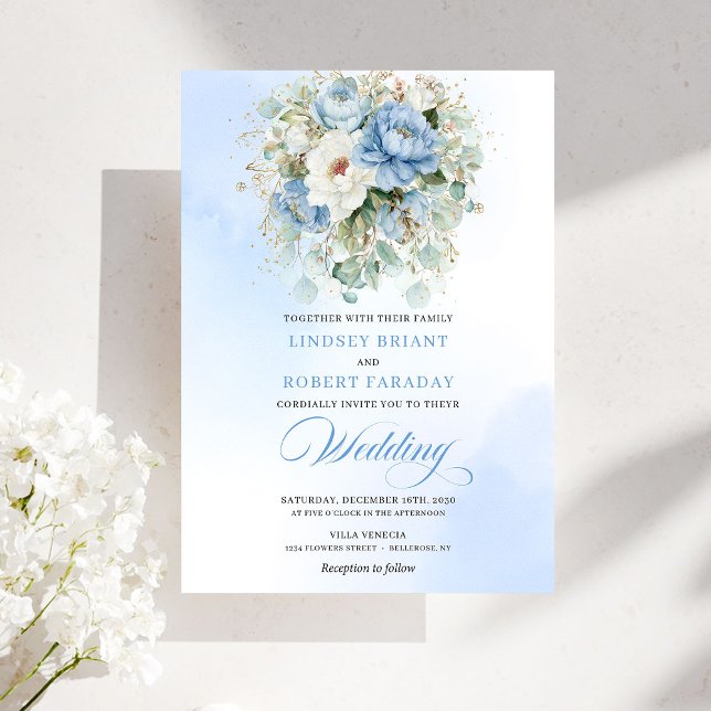 Convite Dreamy Dusty Blue Peony Gold Floral Wedding (Dreamy Dusty Blue Peony Gold Floral Wedding)