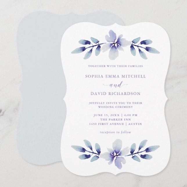 Convite Dreamy Floral | Casamento Roxo e Azul (Frente/Verso)