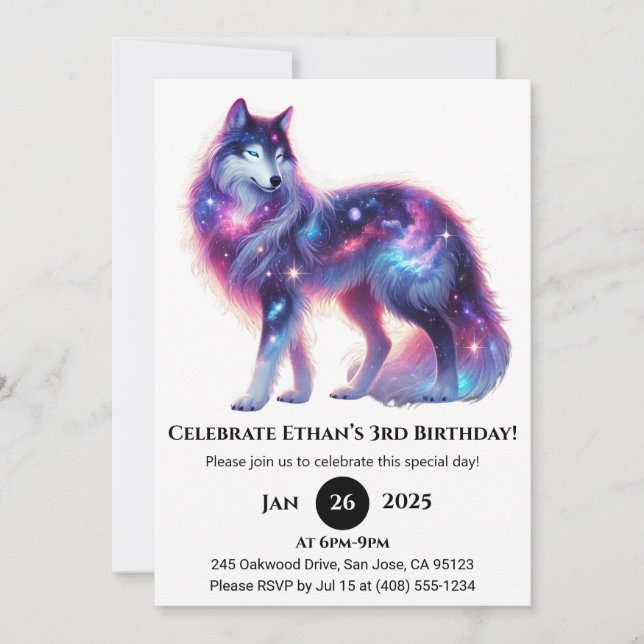 Convite Dreamy Galaxy Wolf Birthday (Frente)