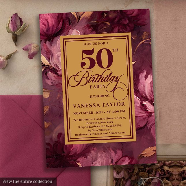Convite Dreamy marsala esfrega ouro floral 50 anos (Dreamy marsala blush gold floral 50th birthday invite

)