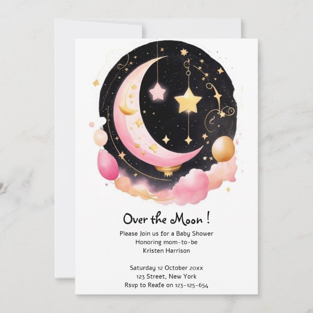 Convite Dreamy Moon & Stars Theme Baby Girl Chá (Frente)