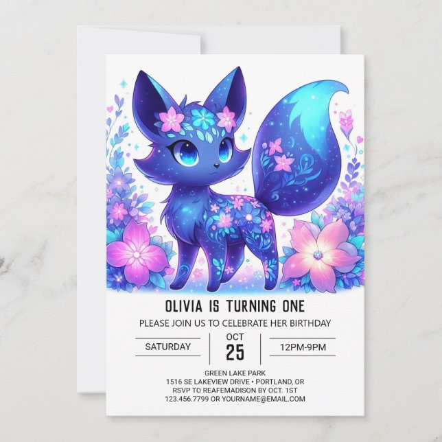 Convite Dreamy Mythical Fox primeiro aniversario (Frente)