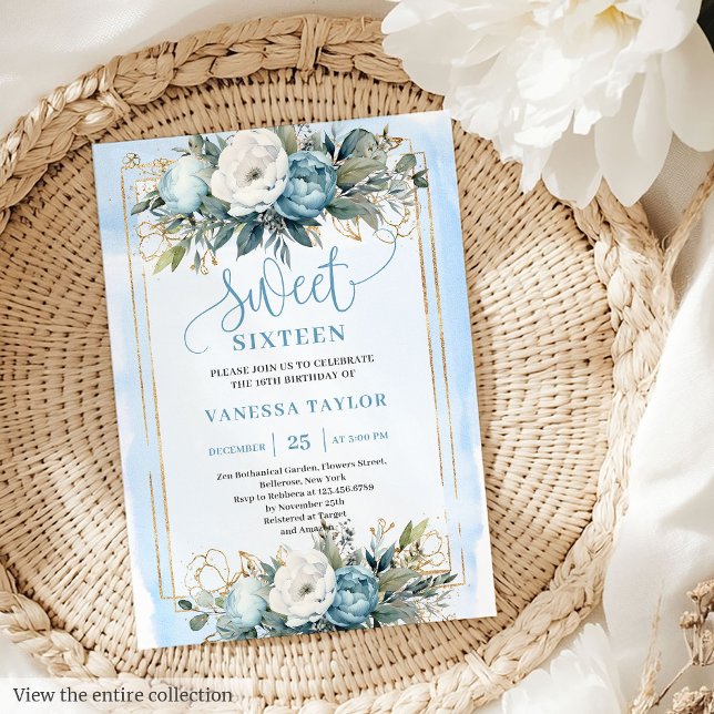 Convite Dreamy Pastel Blue Floral Sweet Dezesseis 16 (Dreamy Pastel Blue White Floral Sweet 16 Invitation)