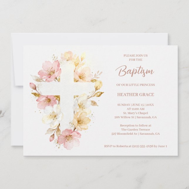 Convite Dreamy Pink Shades Floral Cross-Shape Baptism (Frente)