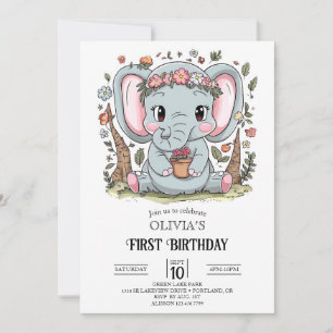 Convite Dreamy Simple Elephant primeiro aniversario Digita