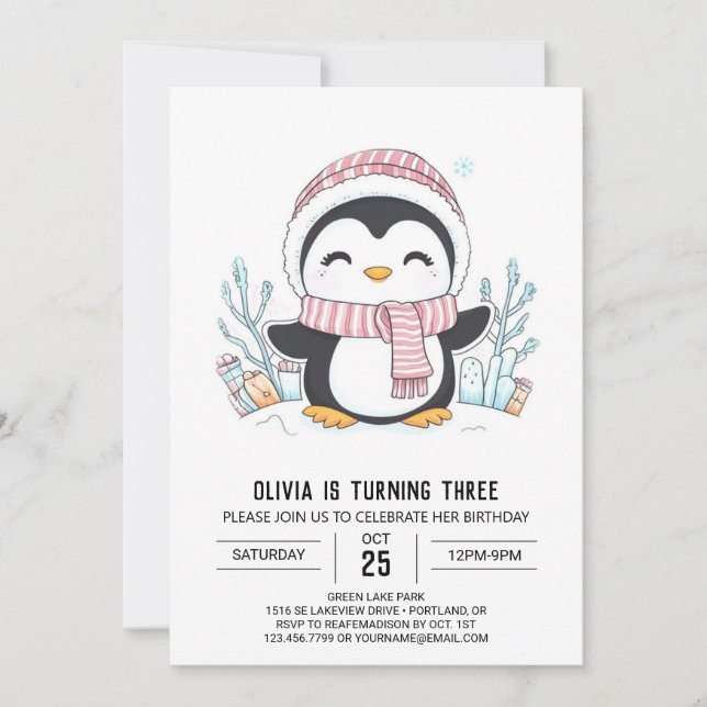 Convite Dreamy Snowflake Penguin Digital Birthday (Frente)