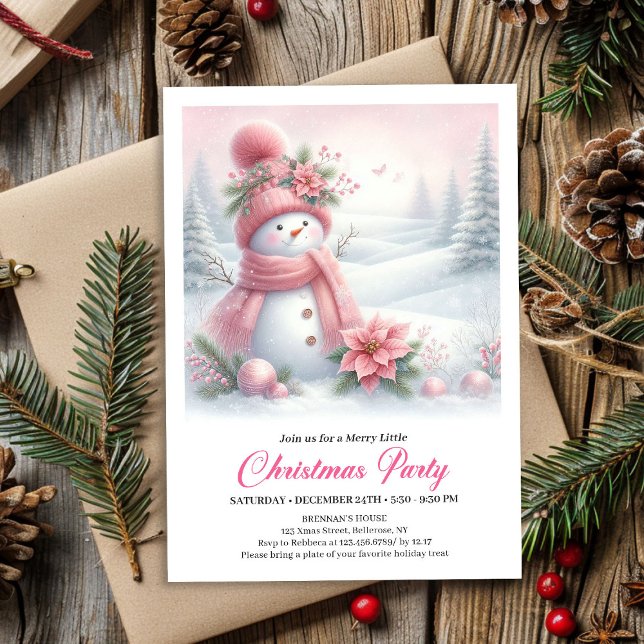 Convite Dreamy Snowy Forest Pink Snowman Christmas Invite  (Dreamy Snowy Forest Pink Snowman Christmas Invite Download)