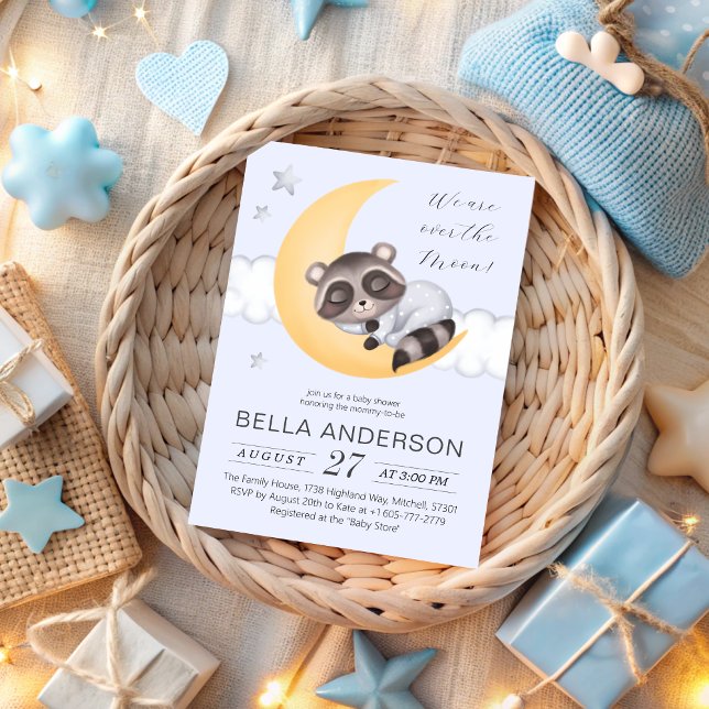Convite Dreamy sobre o Chá de fraldas Moon Raccoon Boy (Dreamy Over the Moon Raccoon Boy Baby Shower Invitation)