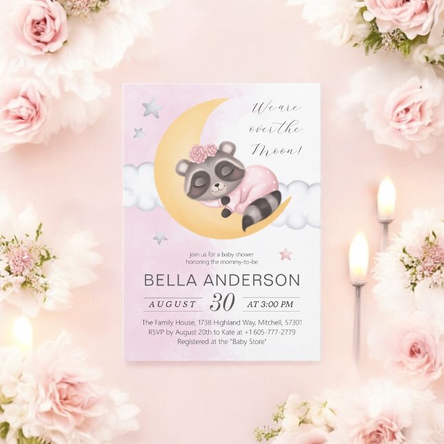Convite Dreamy sobre o Chá de fraldas Moon Raccoon Girl (Dreamy Over the Moon Raccoon Girl Baby Shower Invitation)