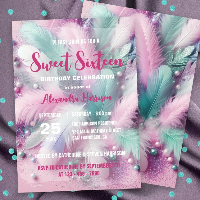 Convite Dreamy Soft Pastel Feather Sweet 16 Aniversário (Criador carregado)