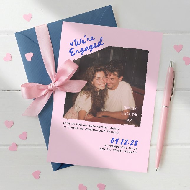 Convite Dress Cocktail Handwritten Engagement Party Photo (Whimsical Playful Retro Square Photo Pink Blue Casual Fun Handwritten Engagement Party Invitation)