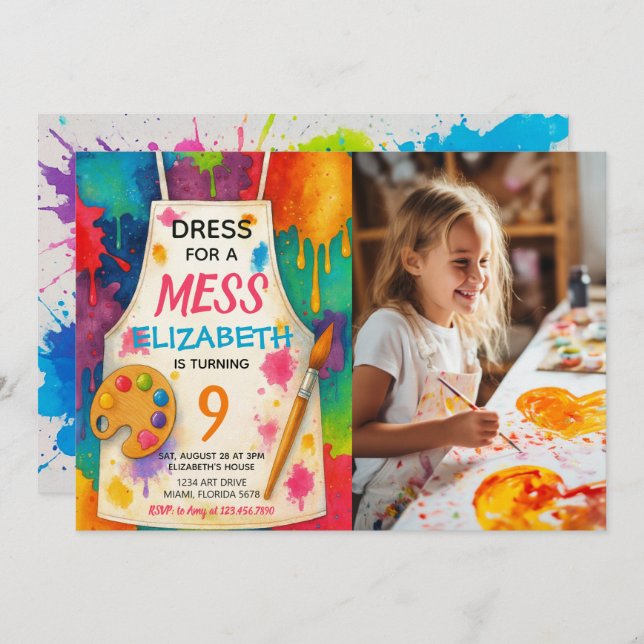 Convite Dress for a Mess Art Party Birthday Photo (Frente/Verso)