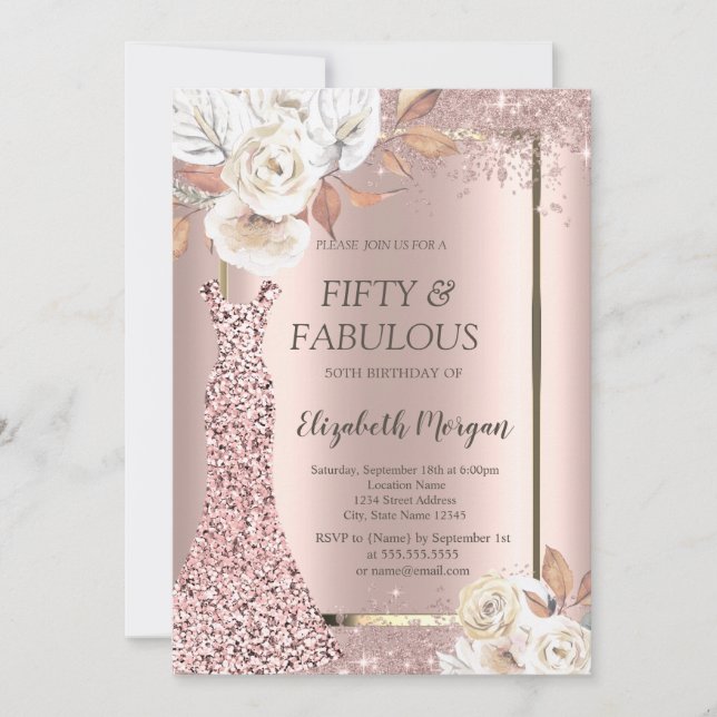 Convite Dress Glitter Confetti Autumn Flowers 50th (Frente)