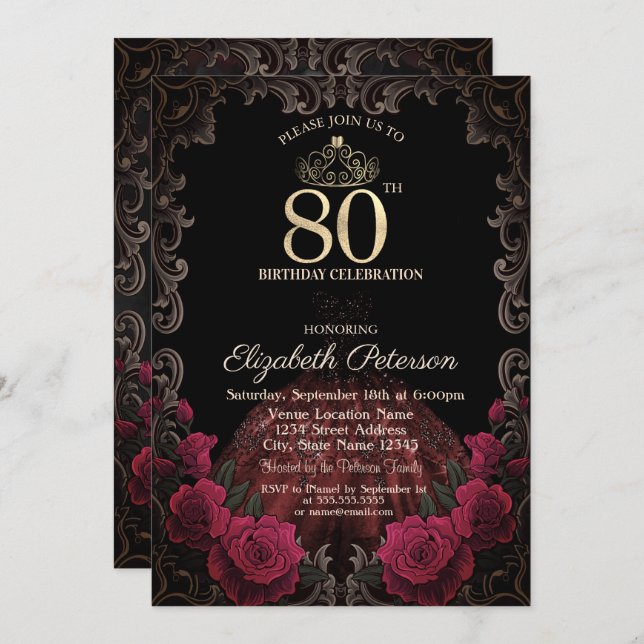 Convite  Dress,Tiara,Red Roses Gothic Frame 80th Birthday (Frente/Verso)