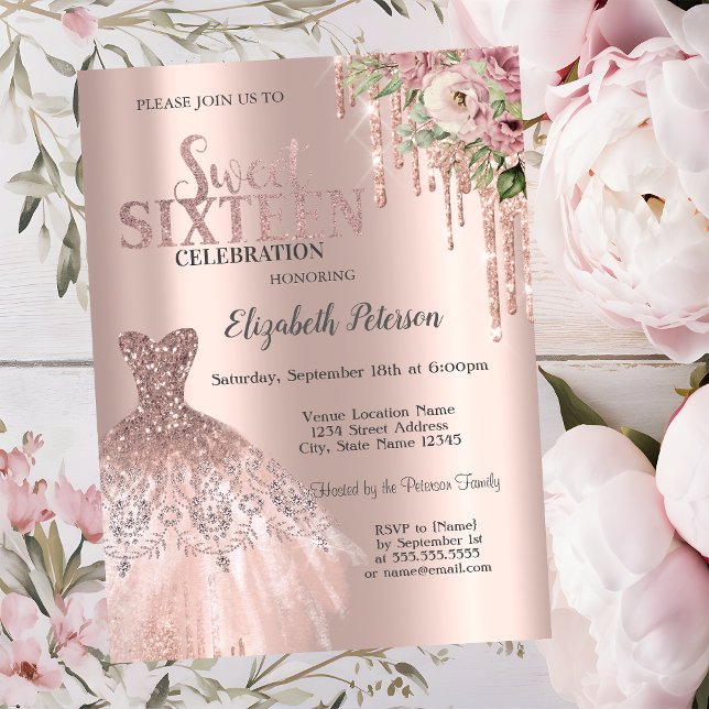 Convite Drips de Brilho em Dourado Rosa, Flores no Vestido (Criador carregado)