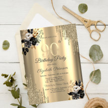 Drips de Purpurina Dourada Rosas Pretas Aniversári