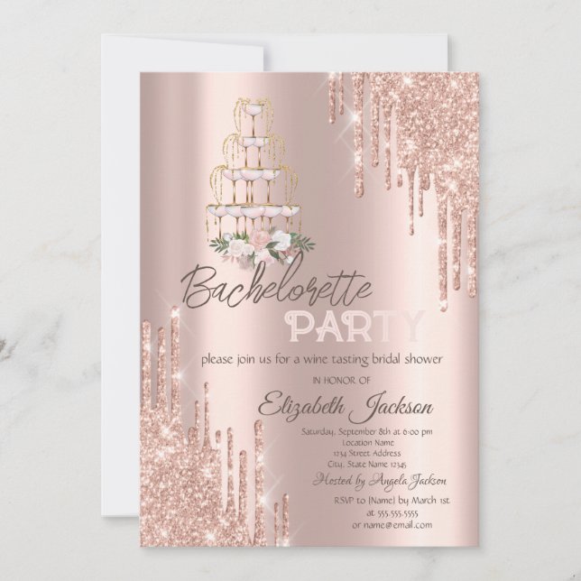 Convite  Drips Flowers,Champagne Glass Bachelorette Party (Frente)