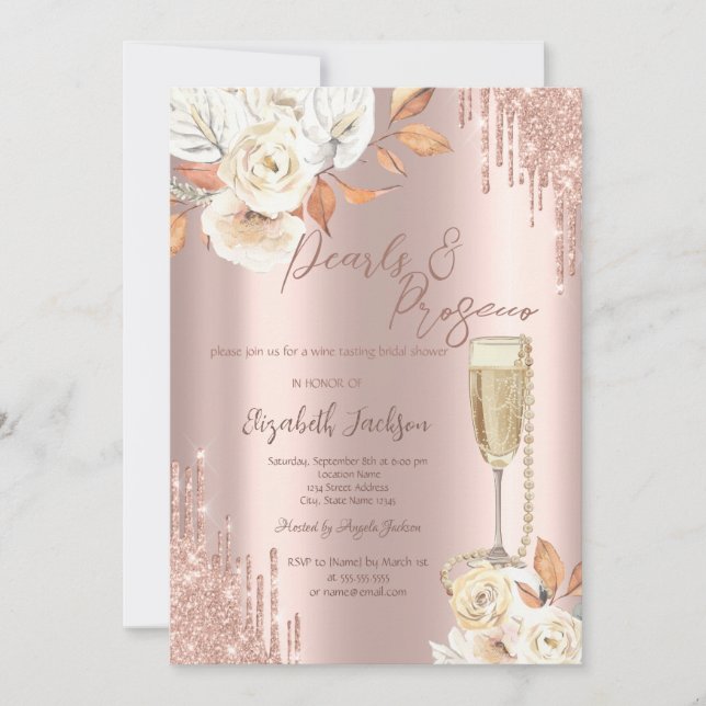 Convite Drips Pérolas Prosecco Boho Rosas Chuveiro de Noiv (Frente)