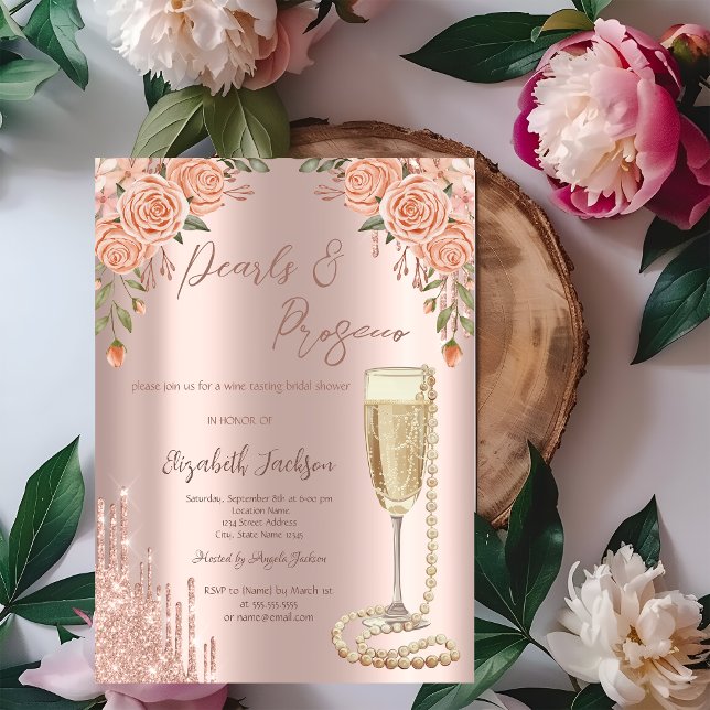Convite Drips Pérolas Prosecco Rosas Chuveiro de Noiva (Criador carregado)