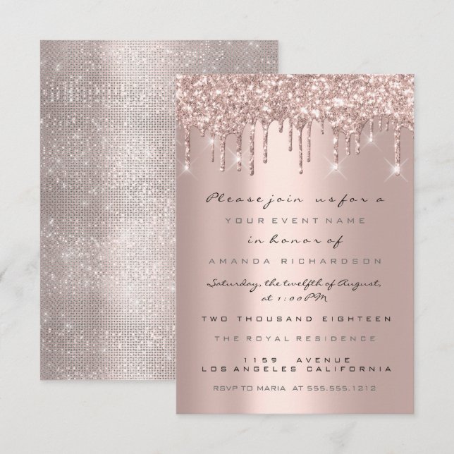 Convite Drips Rose Gold  Chá de Noiva Sweet 16 (Frente/Verso)