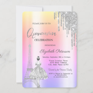 Convite Drips,Torre Eiffel Bailarina Ombre Quinceañera