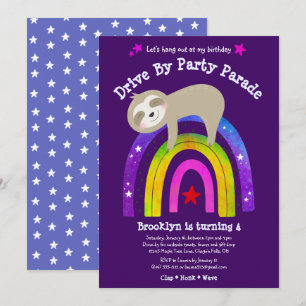 Convite Drive By Birthday Cute Sloth Modern Boho Rainbow