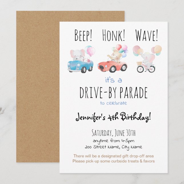 Convite Drive by Birthday Parade (Frente/Verso)