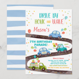 Convite Drive By Birthday Parade Party Blue Drive through
