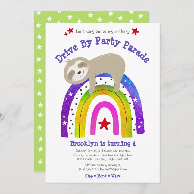 Convite Drive By Birthday Sloth Kawaii Boho Rainbow Modern (Frente/Verso)