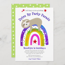 Convite Drive By Birthday Sloth Kawaii Boho Rainbow Modern