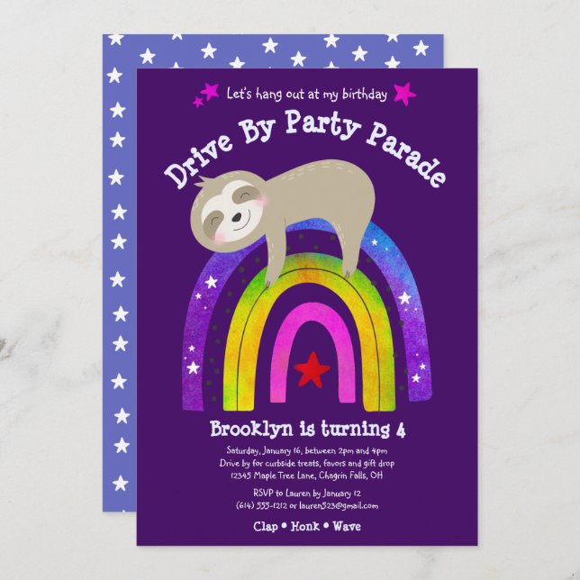 Convite Drive By Birthday Sloth Modern Kawaii Boho Rainbow (Frente/Verso)