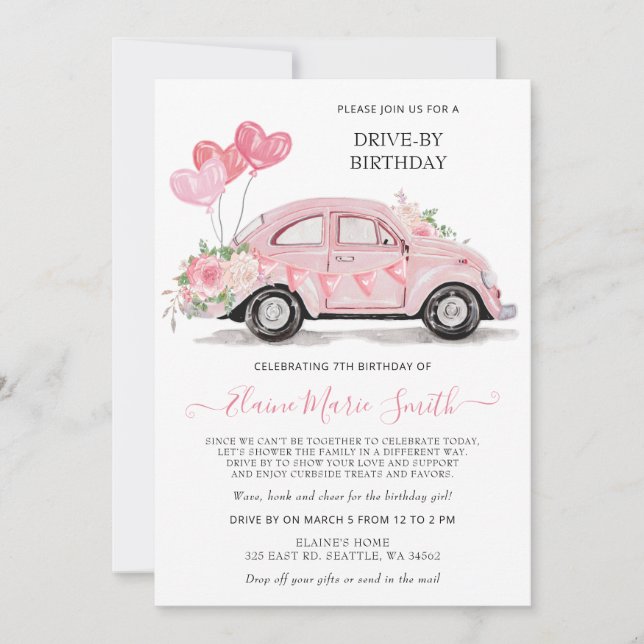 Convite Drive by Birthday Watercolor Floral Pink Car (Frente)